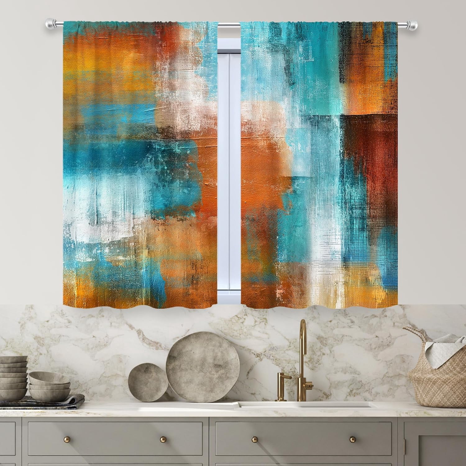 Teal Grey Kitchen Curtains 27.5Wx63H Inch Rod Pocket Square Geometric Checkered Blocks Contemporary Oil Paint Bedroom Window Drapes Colorful Aesthetic Printed Living Room Window Treatment