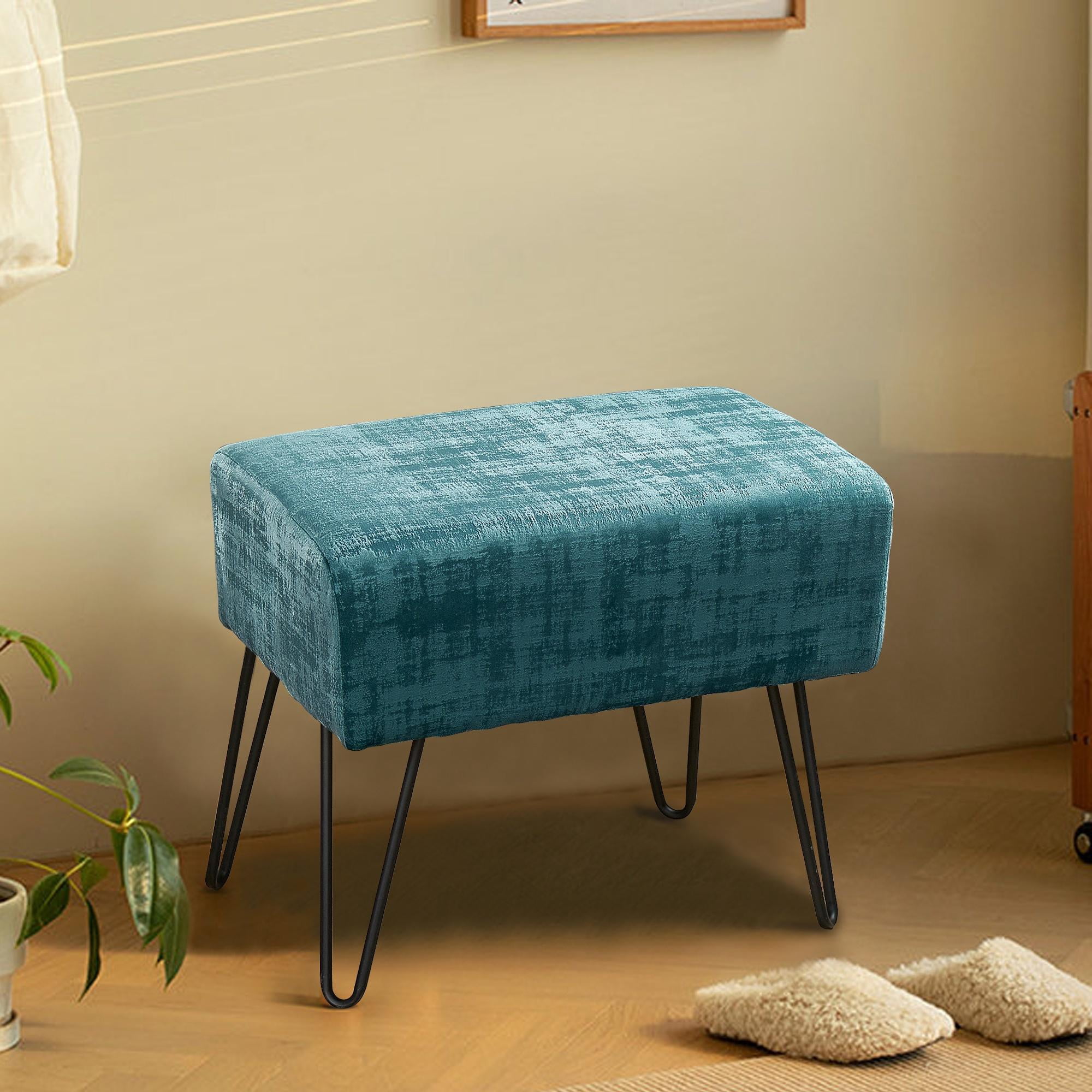 Home Soft Things Textured Velvet Ottoman Stool Chair, Upholstered Footrest with Black Metal Legs, Agate Green, 19" x 13" x 17"