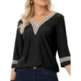thumbnail image 4 of INSPIRE CHIC Women's Tops 3/4 Sleeves V Neck Casual Contrast Color Lace Trim Blouses M Black, 4 of 6