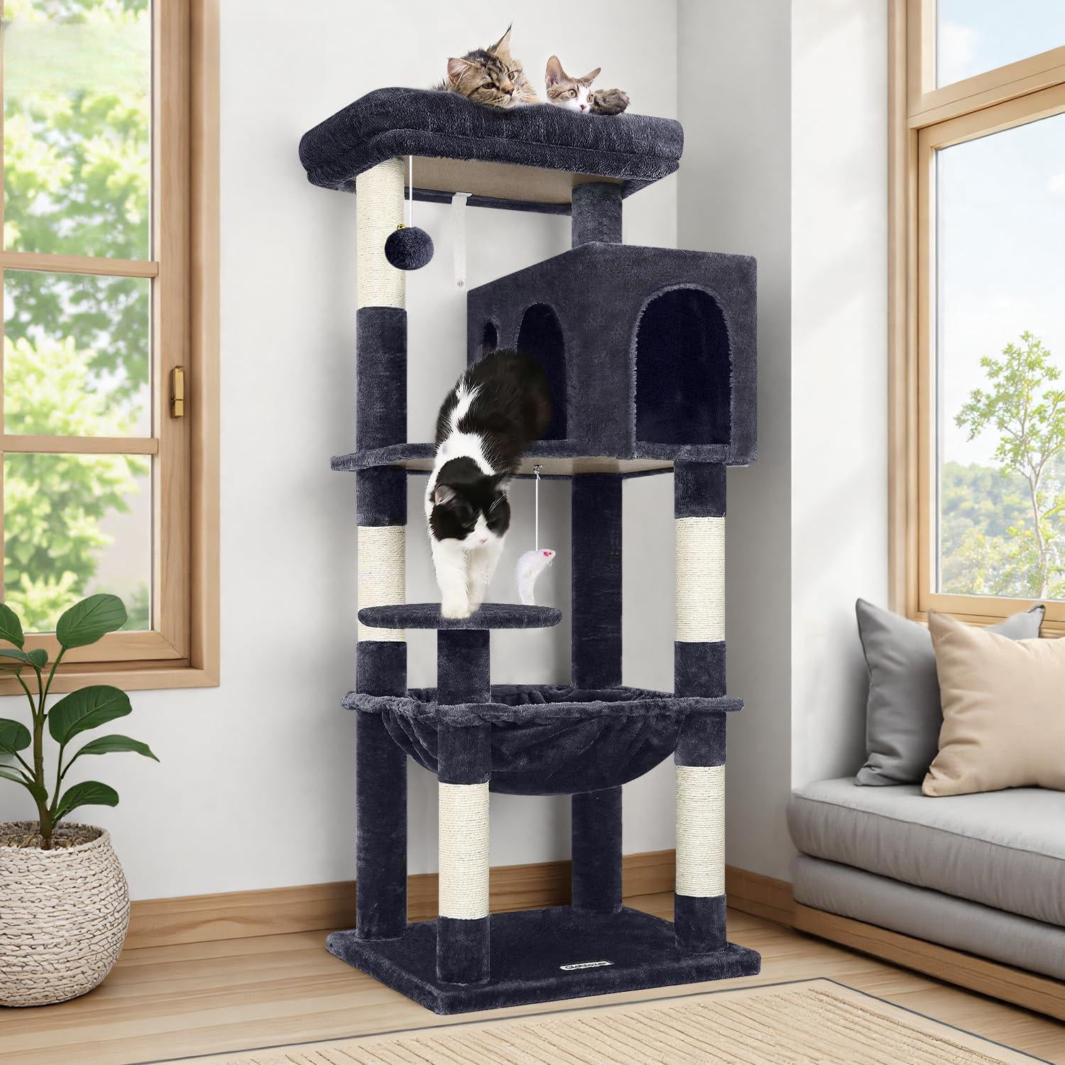 Cat Tree Tower With For Indoor Cats  53inch Tall Plush Multi-level Climbing Condo House Large Hammock Spacious Big Padded Top Perch F53 Dark Gray
