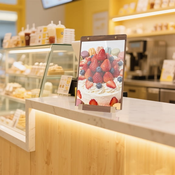 Grusce 8.5"x11" Acrylic Sign Holder with Wood-Color Base, Tabletop Display Sign Holder Vertical for Store, Coffee Shop, Restaurant Menu Hotel, Office Poster Show