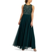 J Kara Women's Beaded Illusion Crewneck Gown Green Size 16