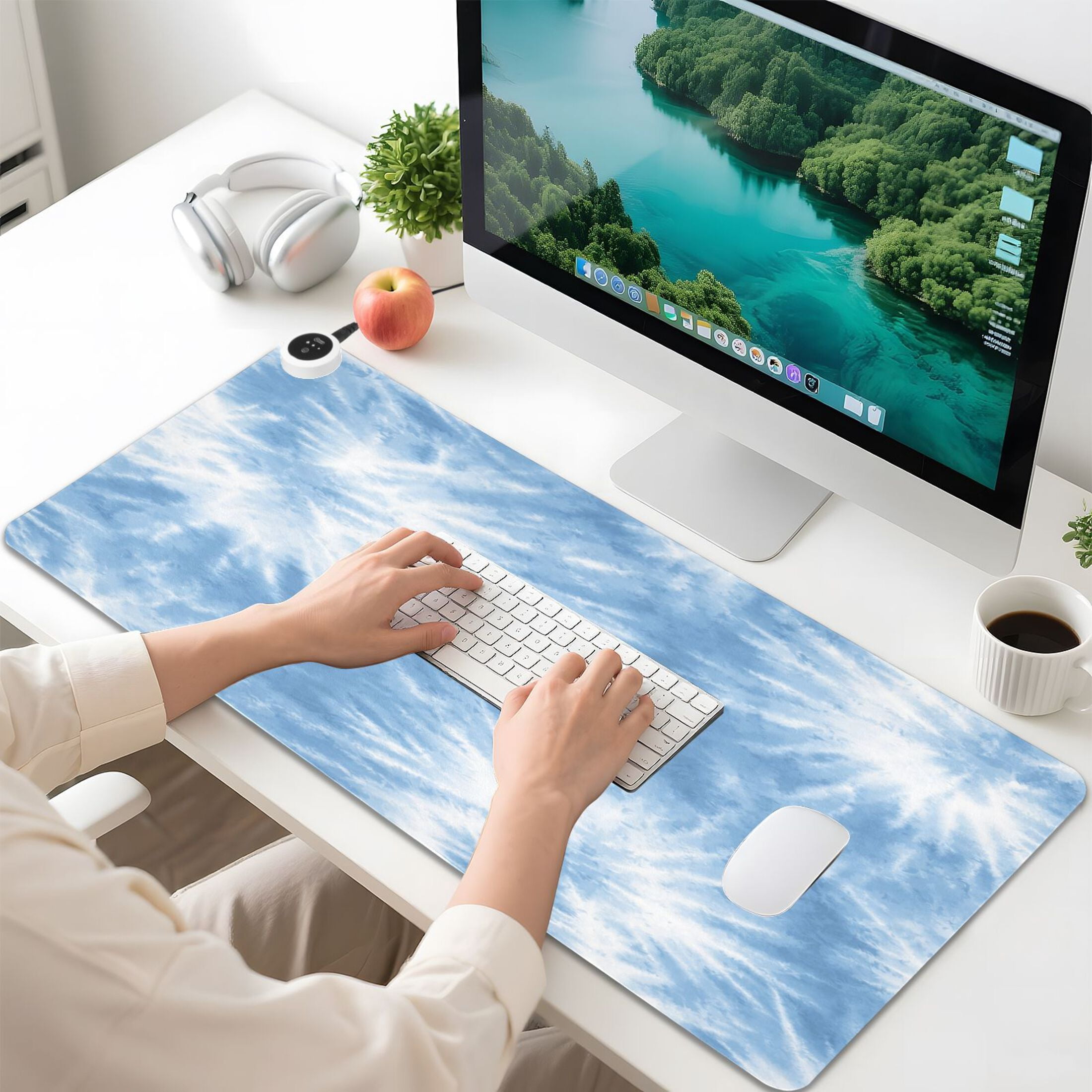 Large Heated Desk Mat Mouse Pad 31.5"x13"PU Leather Graphene Heating Desk Warmer with 3 Temperature Settings 110V US Plug Non-Slip Warm Pad for Home, Office, and Gaming Warm Blue Tie-dye Pattern