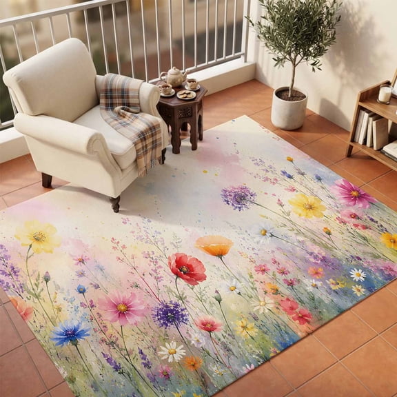 Area Rugs 5'x7', Rustic Flowers Carpet Runner Indoor Outdoor Rugs Home Decor Aesthetic, Colorful Wildflowers Daisy Garden Botanical Non Slip Mats Washable Accent Rug for Living Room Bedroom