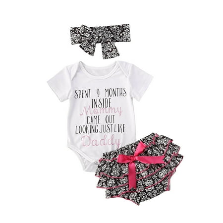 Toddler Baby Girls Cotton Letter Print Bodysuit Tops + High Waist Shorts with Headband Baby Girl Clothes Set