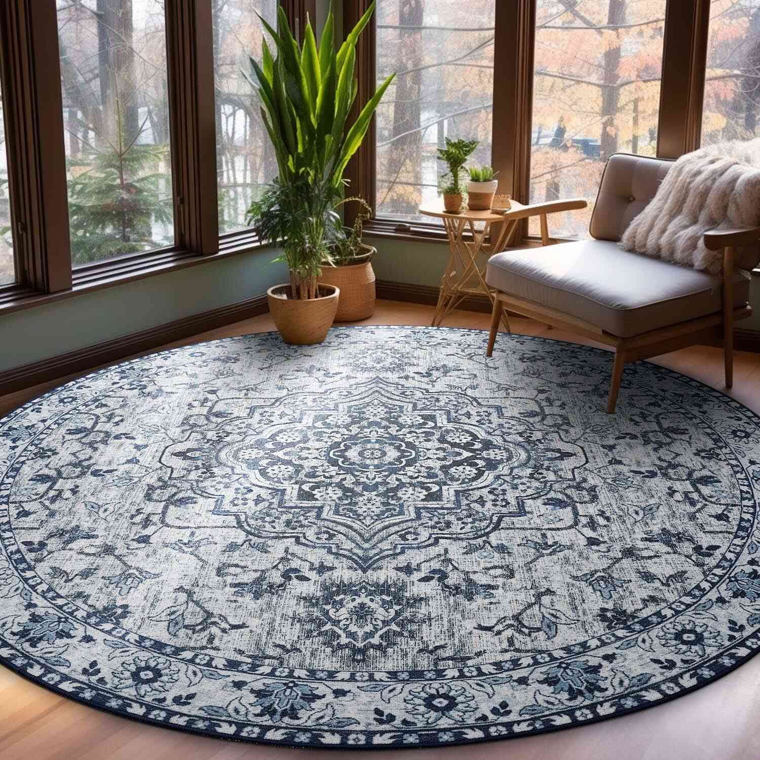 Softlife Oriental Traditional Area Rug for Living Room Durable Washable Persian Carpet Non Slip Boho Rugs for Bedroom,5'x5', Blue