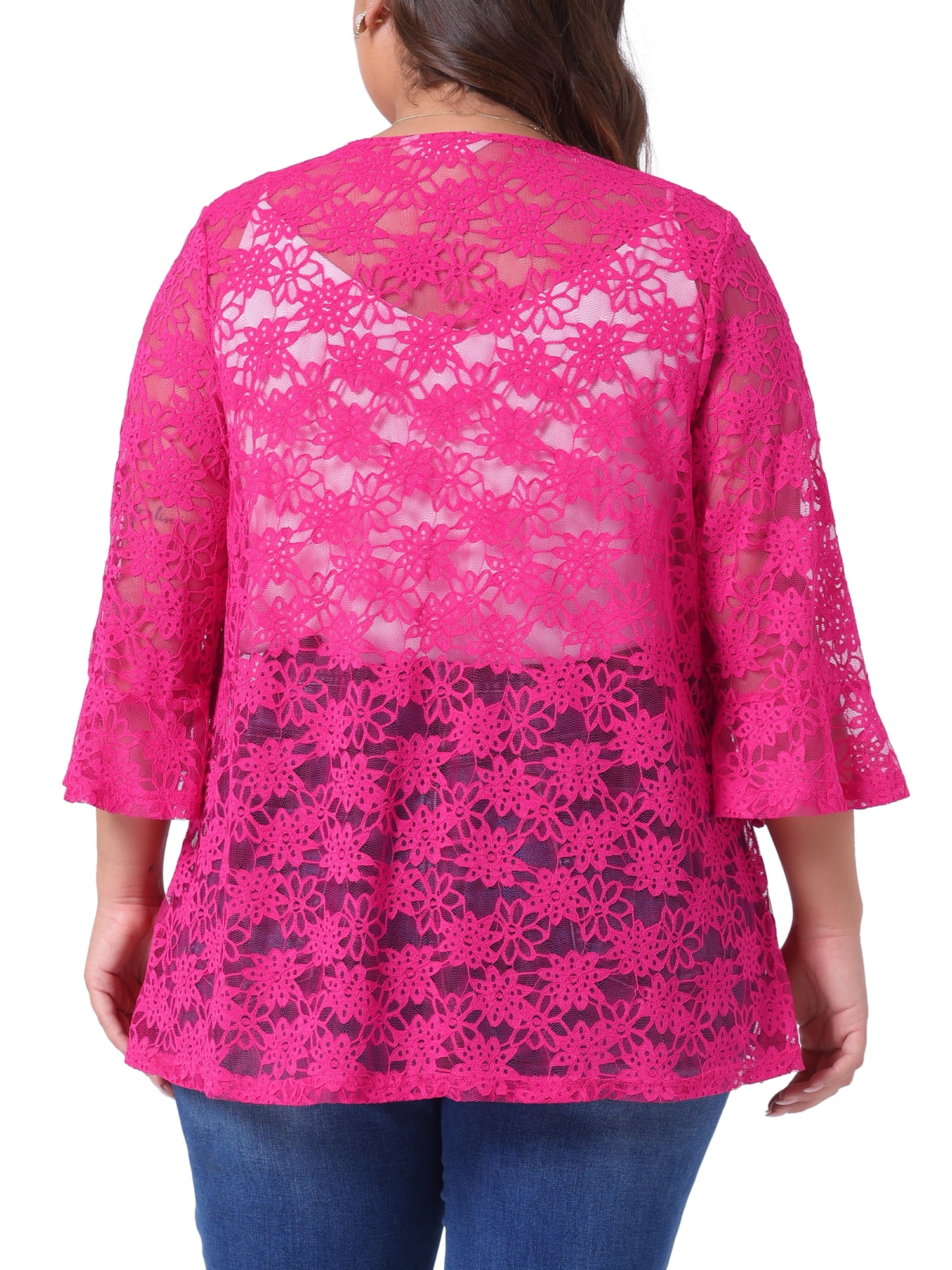 DARING DIVA Women's Plus Size Open Front 3/4 Sleeve Sheer Lace Cardigan L Hot Pink