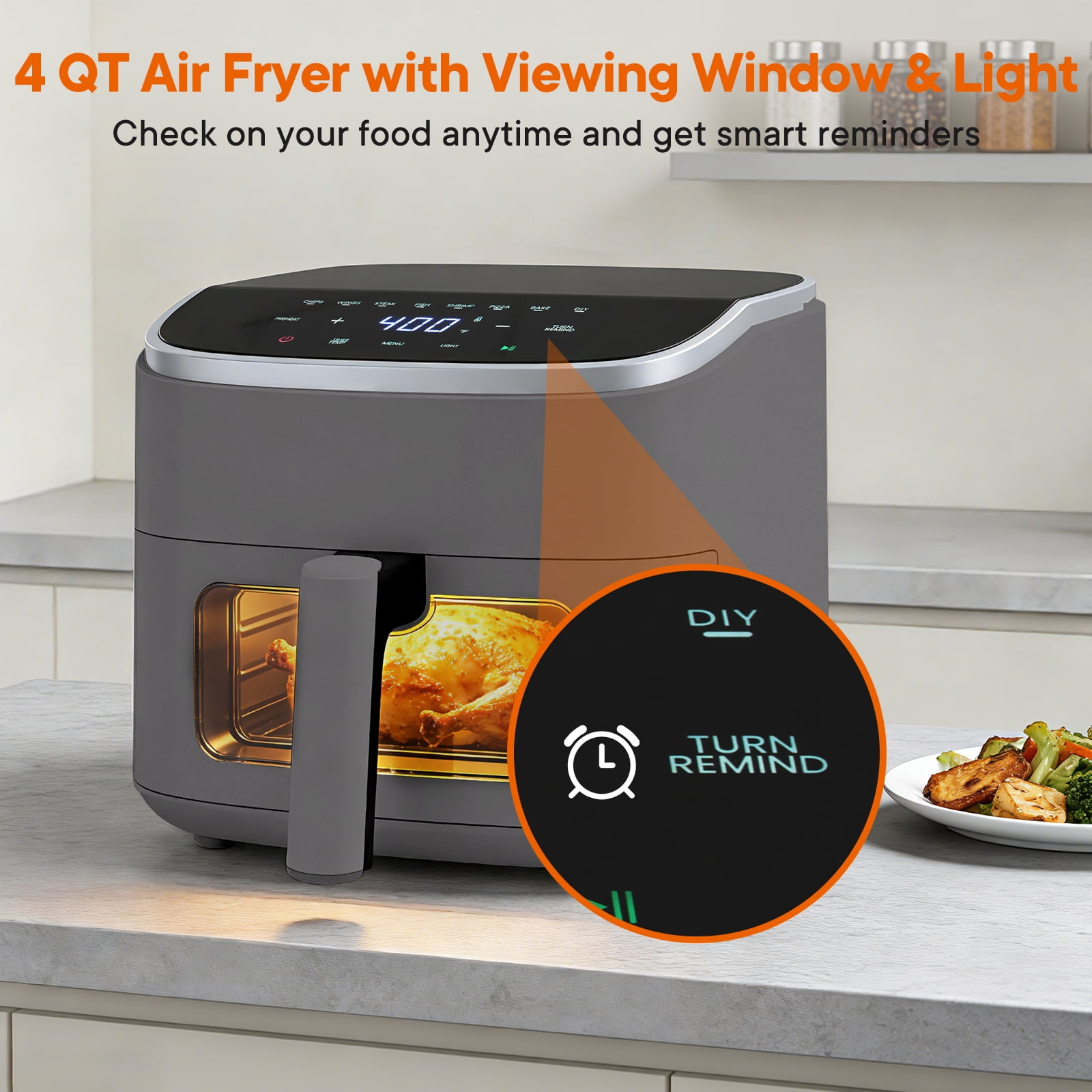 Gianna 4 Qt Compact Air Fryer, 4-in-1 Cooking Functions, Dishwasher-Safe Parts, Gray
