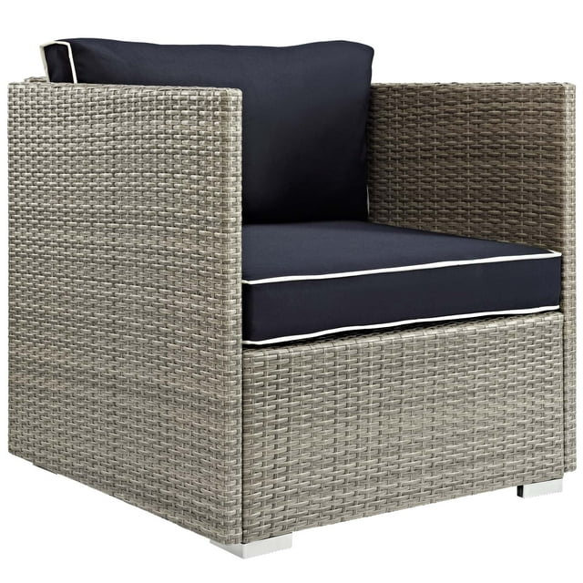 Modern Contemporary Urban Outdoor Patio Balcony Garden Furniture Lounge Chair Armchair, Sunbrella Rattan Wicker, Navy Blue Light Gray