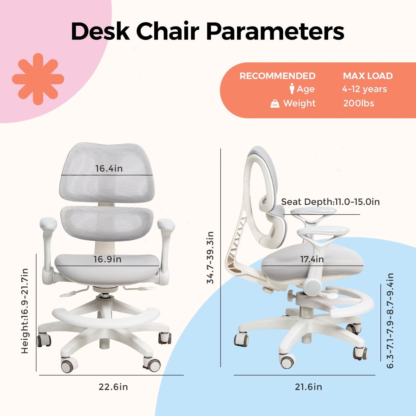 Kids Study Desk Chair, Ergonomic Adjustable Height  Chair for Childer , Swivel Mesh Desk Chair with Wheels, Home Office Chair for Children in Home Bedroom-Includes 2 Free Chair Covers