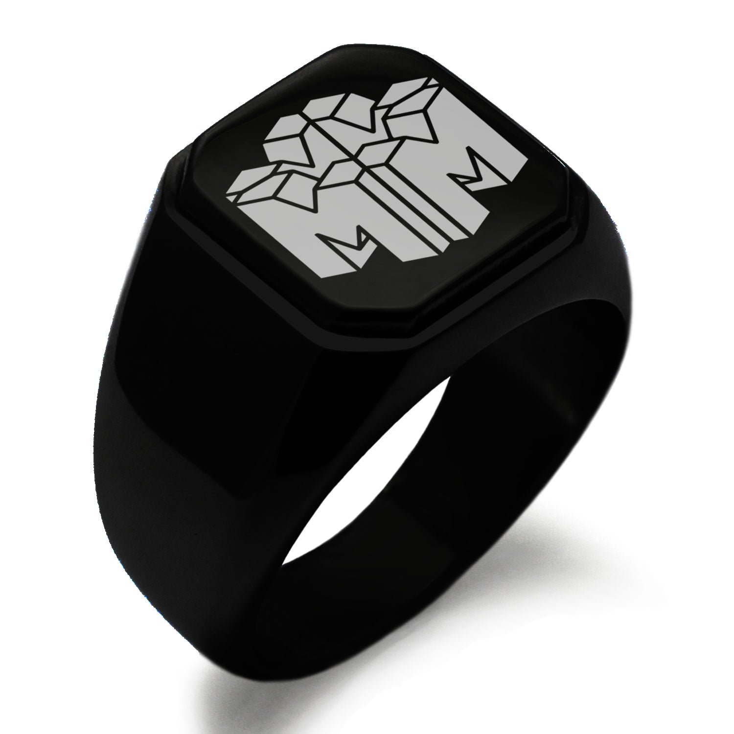 Stainless Steel Letter M Alphabet Initial 3D Cube Box Monogram Hexagon  Crest Flat Top Biker Style Polished Ring, Size 8