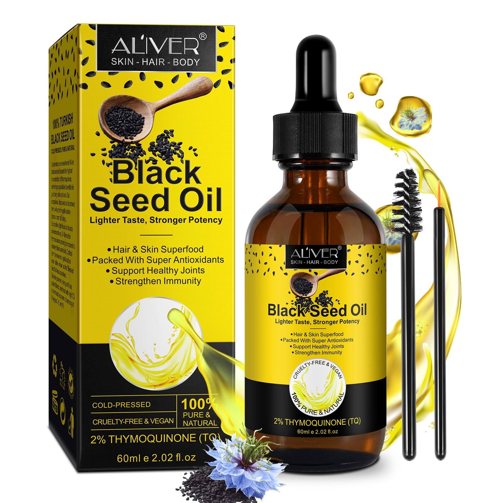 Aliver Organic Black Seed Oil,2oz 100% Virgin Cold Pressed, Omega 3 6 9, Super Antioxidant for Immune Support, Joints, Digestion, Hair & Skin or Eat Directly