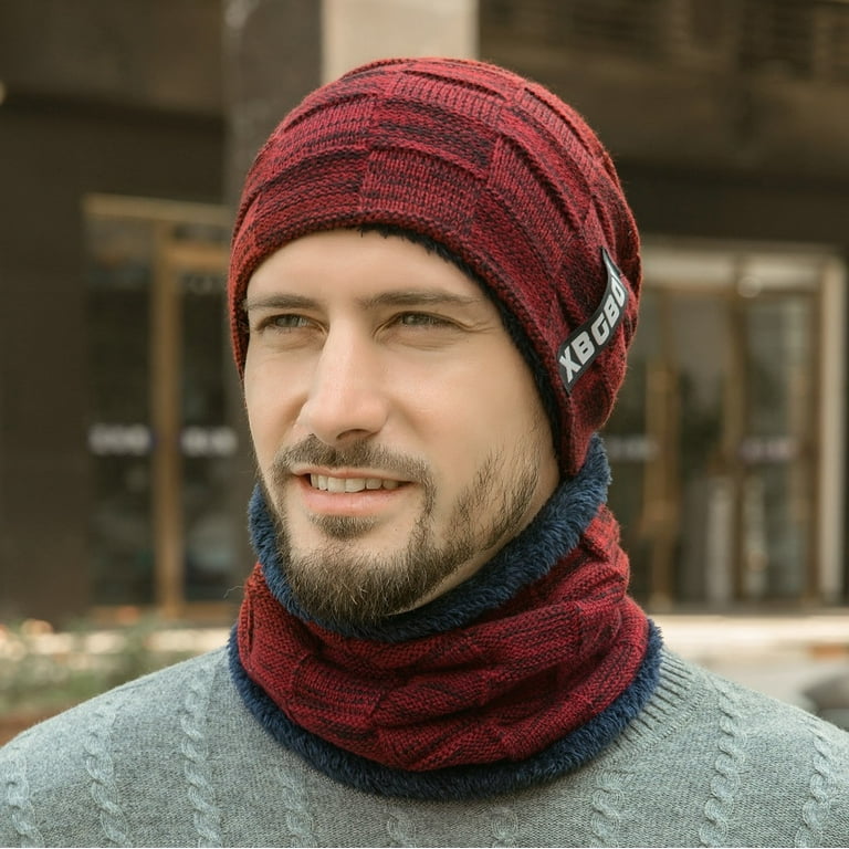 UoCefik Cool Beanies for Men with Scarf 2PCS Set Cold Weather Knitted Thick  Funny Beanies Warm Winter Fleece Lined Small Hats for Men Red