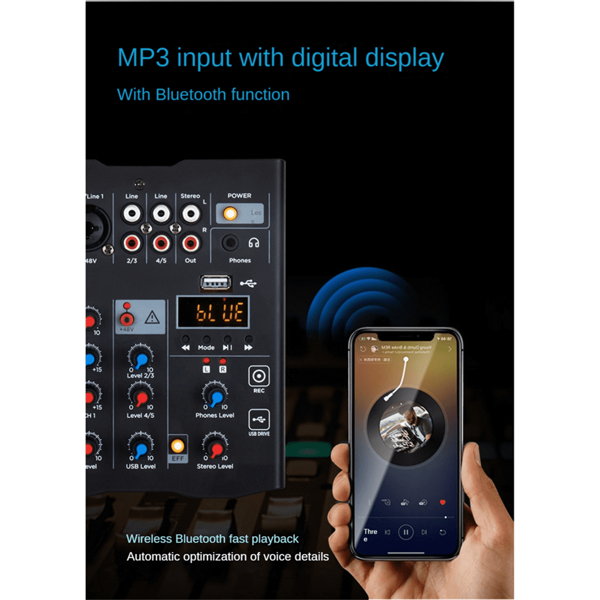 5-Channel Audio Mixer with UHF Wireless Microphone Studio Sound Mixer Bluetooth REC DJ Console Mixing for Karaoke