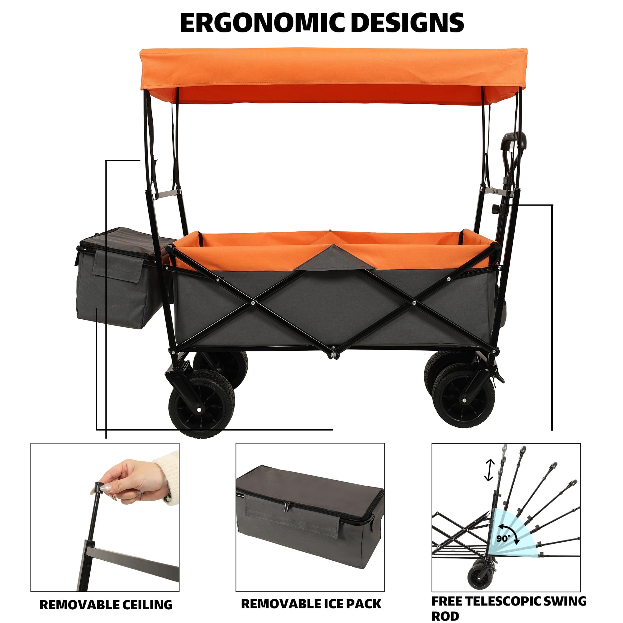480Lbs Collapsible Wagon With Canopy,Wagon Stroller With 7" All-Terrain Wheels, Lightweight Foldable Wagon, Large Capacity For Camping, Shopping, Sports, And Garden Use,orange With Mosquito Net