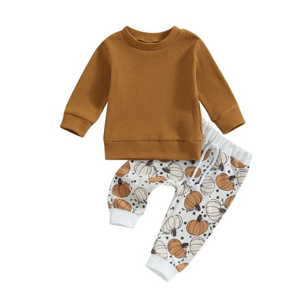 

Acuteok Toddler Girls 2Pcs Fall Outfits Pants Sets Solid Color Long Sleeve Tops Halloween Pumpkin Print Drawstring Pants Sets