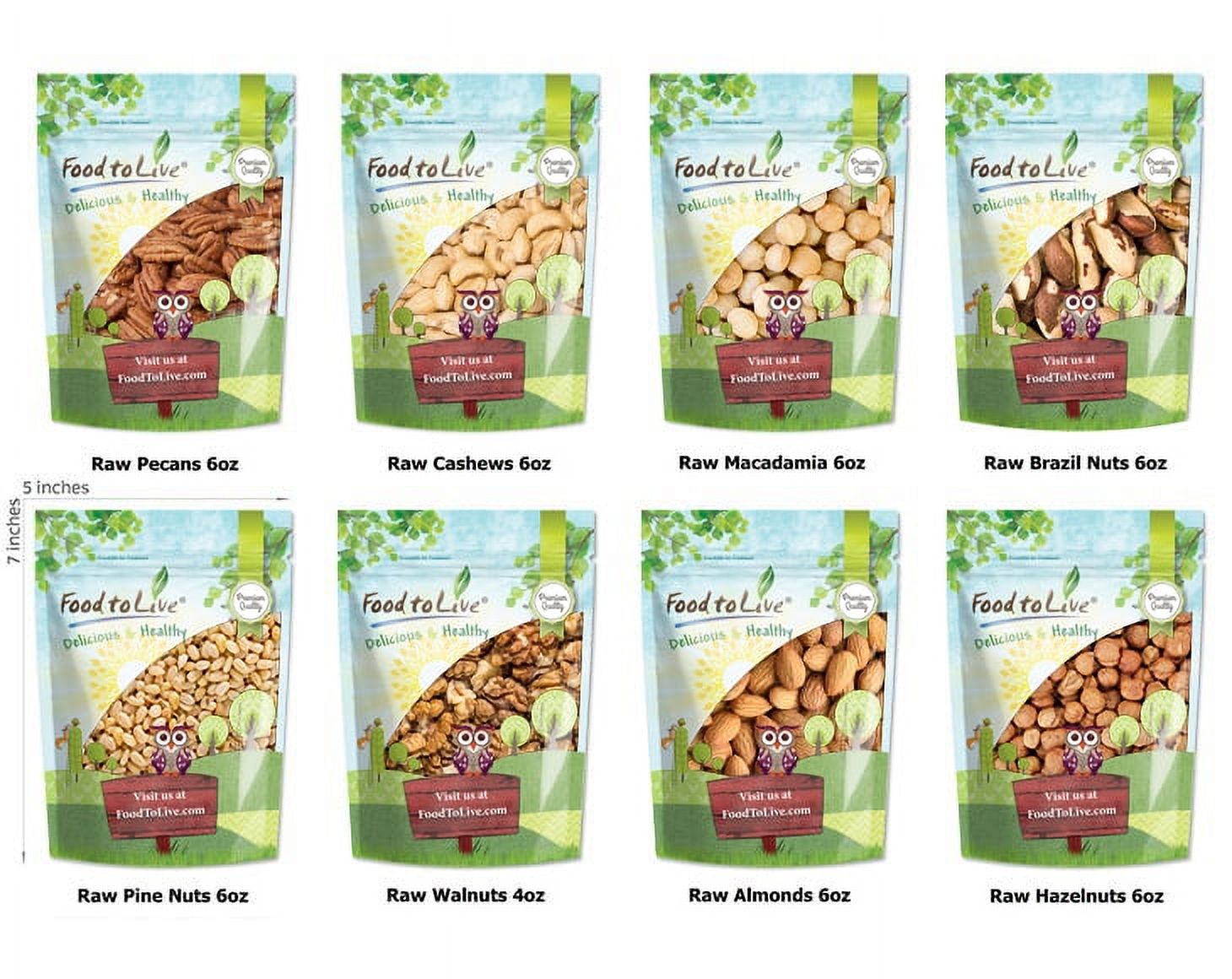 8 Gourmet Variety Healthy Snack Bags of Raw Nuts in a Gift Box - Brazil Nuts, Almonds, Macadamia Nuts, Cashew, Walnuts, Hazelnuts, Pecans, Pine Nuts - by Food to Live