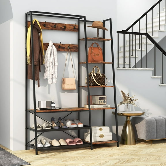 Giantex Hall Tree w/Shoe Bench, Freestanding Coat Rack w/5-Tier Side Shelves for Entryway, Living Room, Bedroom