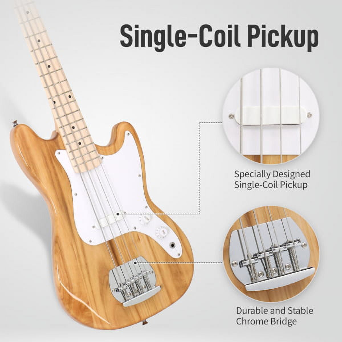 4 String 30in Short Scale Thin Body GB Bass Guitar with Bag Strap Connector Wrench Tool Burlywood