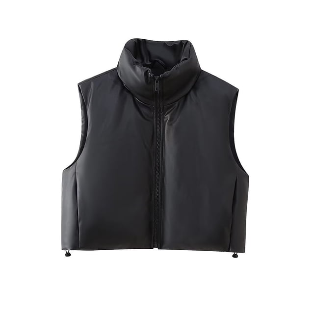 Chaleco de piel sintética para mujer, chaqueta elegante con cremallera, cuello alto, color negro, a la moda, otoño e invierno, 2023