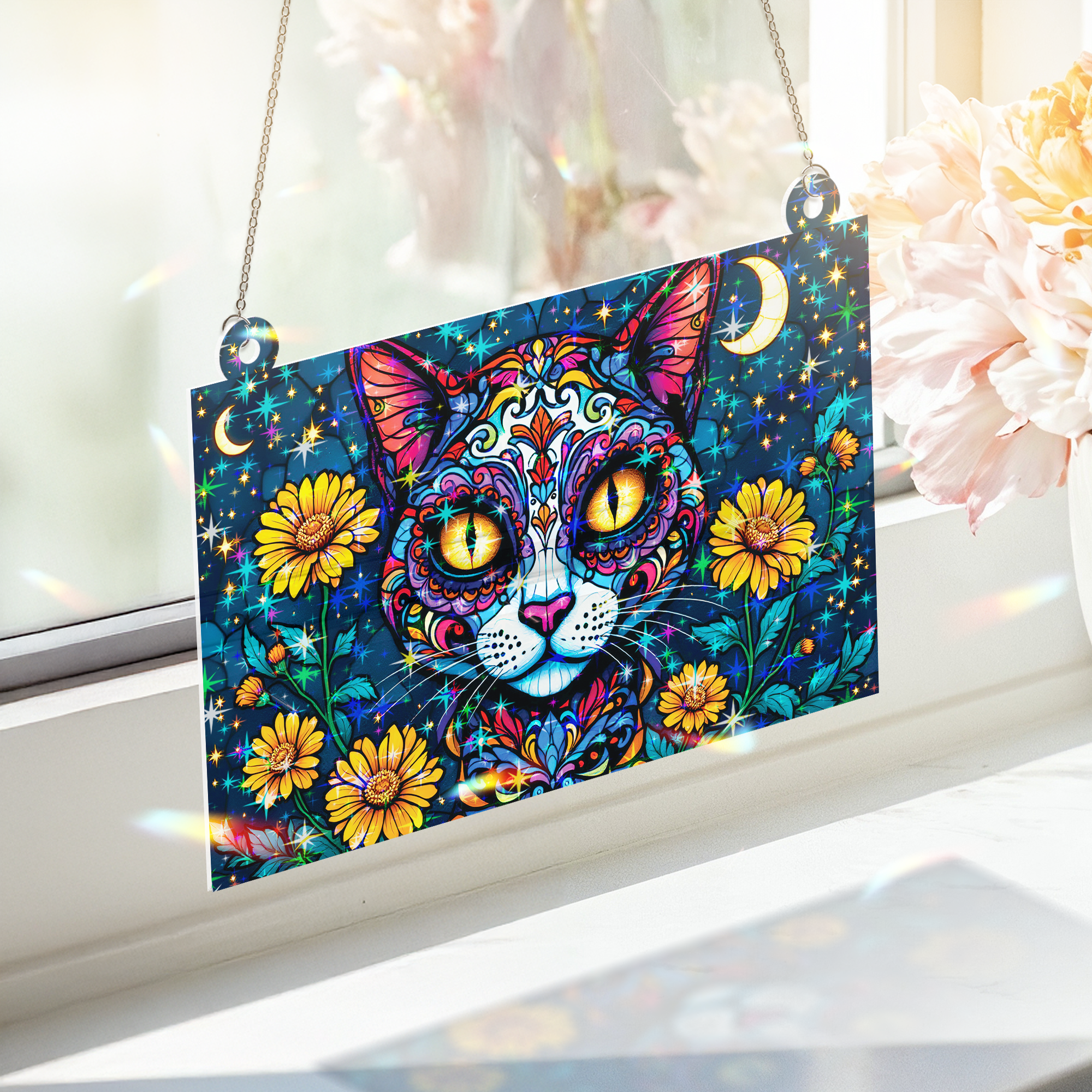 89Bloom Cat Sugar Skull Stained Glass Hologram Ornament, Stained Glass Suncatcher Ornaments Home Decor, Holographic Ornaments