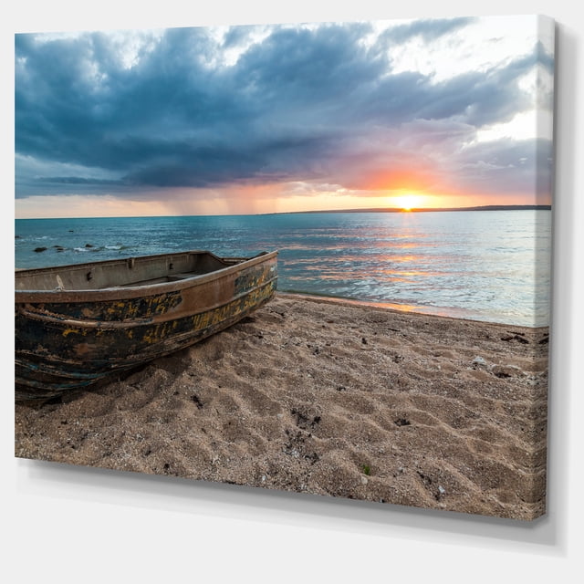 Designart - Bateau à Rames Rouillé sur le Sable au Coucher du Soleil - Toile d'Art de Paysage Marin Extra Large