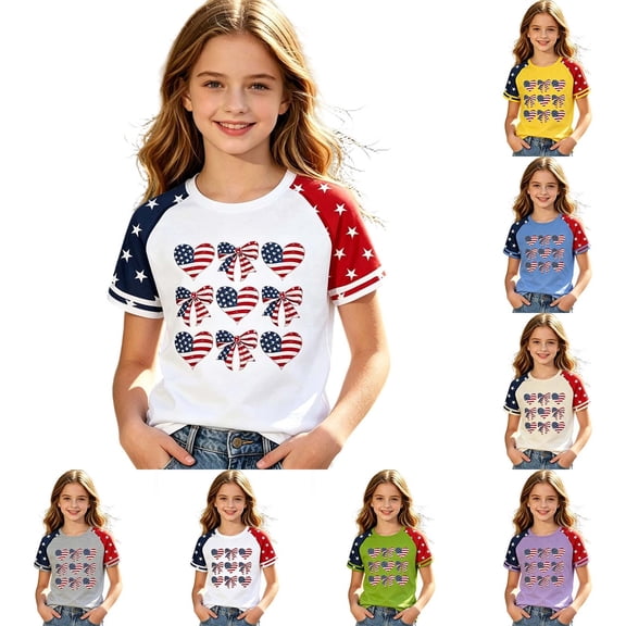 JAJAHO US National Flag T Shirts For Girls Raglan Short Sleeve Bow Print Graphic Tee 4Th Of July Independence Day Top