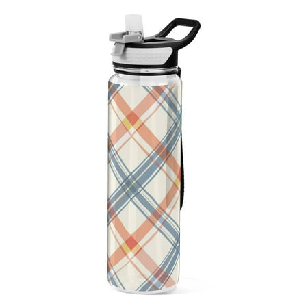 

Diagonal Plaid Transparent Sports Water Bottle with Straw BPA Free Tritan 32oz for Gym Camping
