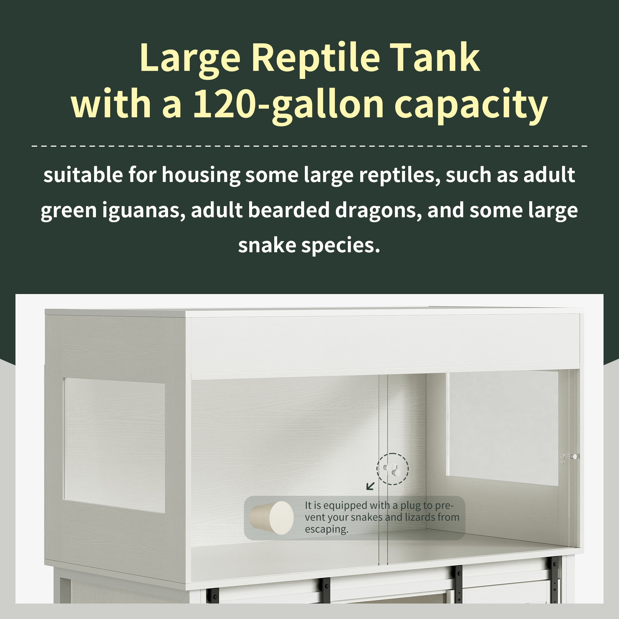 Herture 120 Gallon Reptile Terrarium with Stand, 4x2x2 Large Bearded Dragon Enclosure with Sliding Acrylic Doors, Mesh Top, Power Outlet & Storage, Vivarium Tank for Snakes, Lizards, White PX04RTW