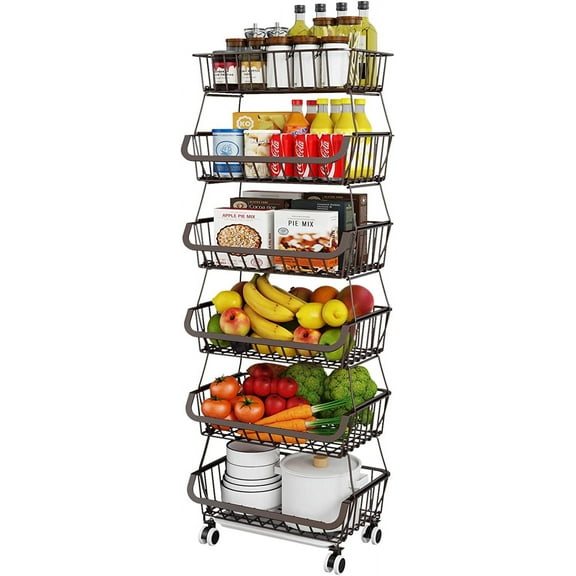 Fruit Vegetable Storage Basket for Kitchen - 6 tier Stackable Metal Wire Baskets Cart with Rolling Wheels Utility Fruits Rack Produce Snack Organizer Bins for Pantry Bathroom Laundry Bronze