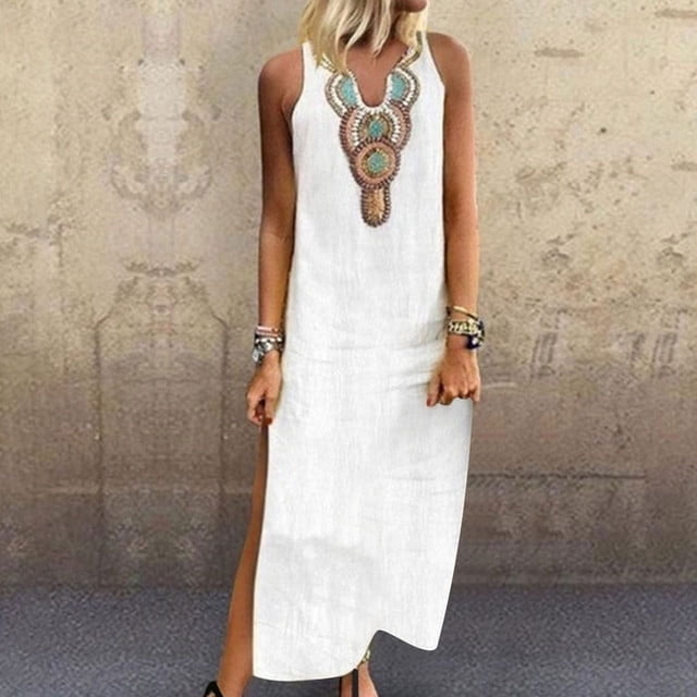 JUNWELL Robes d'Été Ajustées pour Femmes Amples Bohèmes à Broderie Florale Robe Soleil Décontractée Sans Manches en Lin Longue Robe Maxi Robe Femme