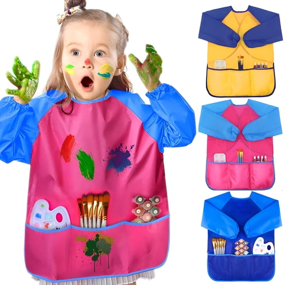 TELOLY Kids Art Smocks Toddler Smock Waterproof Artist Painting Aprons Long Sleeve with 3 Pockets for Age 2-8 Years Gifts,Waterproof Art Painting Crafts Apron with Pockets