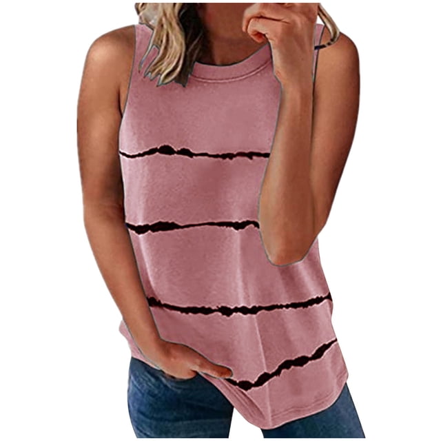 MRULIC T-Shirts pour Femmes Mode T-shirt Sans Manches Ample Col Rond Imprimé Rayé Hauts T-Shirts pour Femmes Rose + US:8-10
