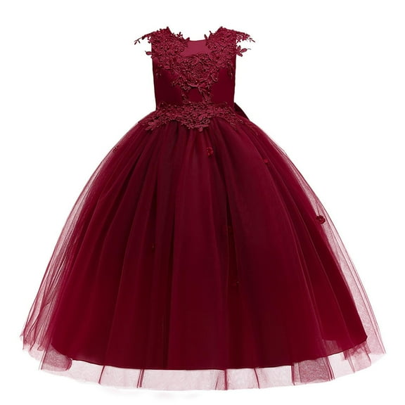 Zwiiyzr 2025 7-14Y Girls Tulle Dress Bridesmaid Wedding Pageant Dresses Solid Color Sleeveless Bead Mesh Bow Princess Dress Red