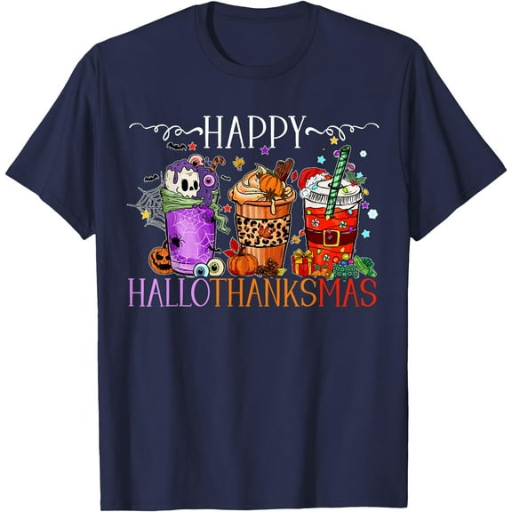 Happy Hallothanksmas Halloween Thanksgiving Christmas DTG Print Unisex T-Shirt
