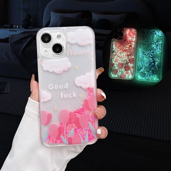 Compatible with iPhone 15 Quicksand Light up Case Glow in The Dark Liquid Fluorescent Floating Waterfall Floral Tulip Case Women Girly Soft TPU Luminous Shockproof Phone Cover, Pink