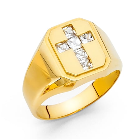 Mens Cross Ring Solid 14k Yellow Gold Band Princess CZ Religious Stylish Polished Finish Fancy Size 11