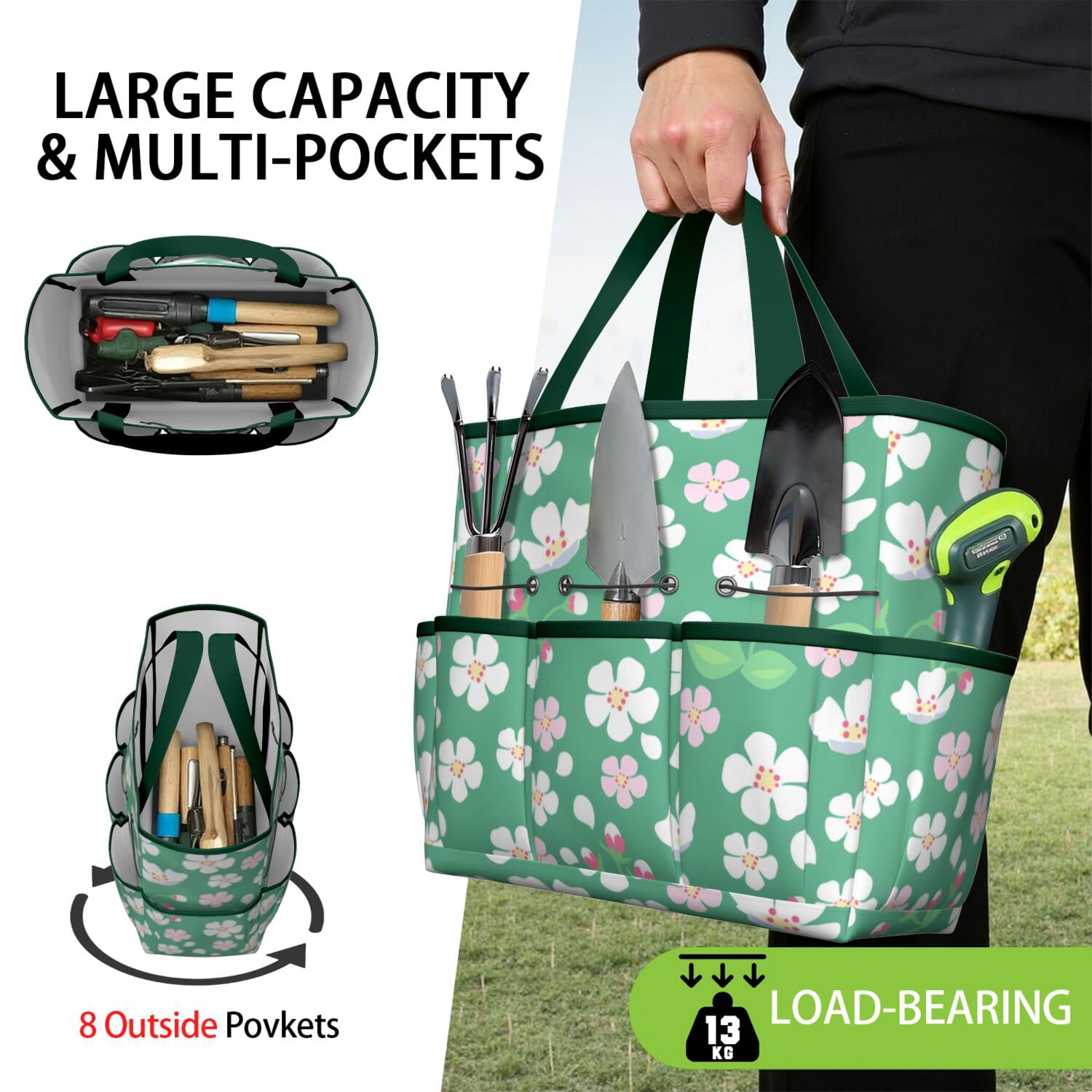 Bright Flowers Garden Tools Bag, Water-proof Oxford Garden Tote Home Organizer Gardening Tool Bag Kit Holder with 8 Pockets for Indoor and Outdoor Gardening(Tools Not Included)