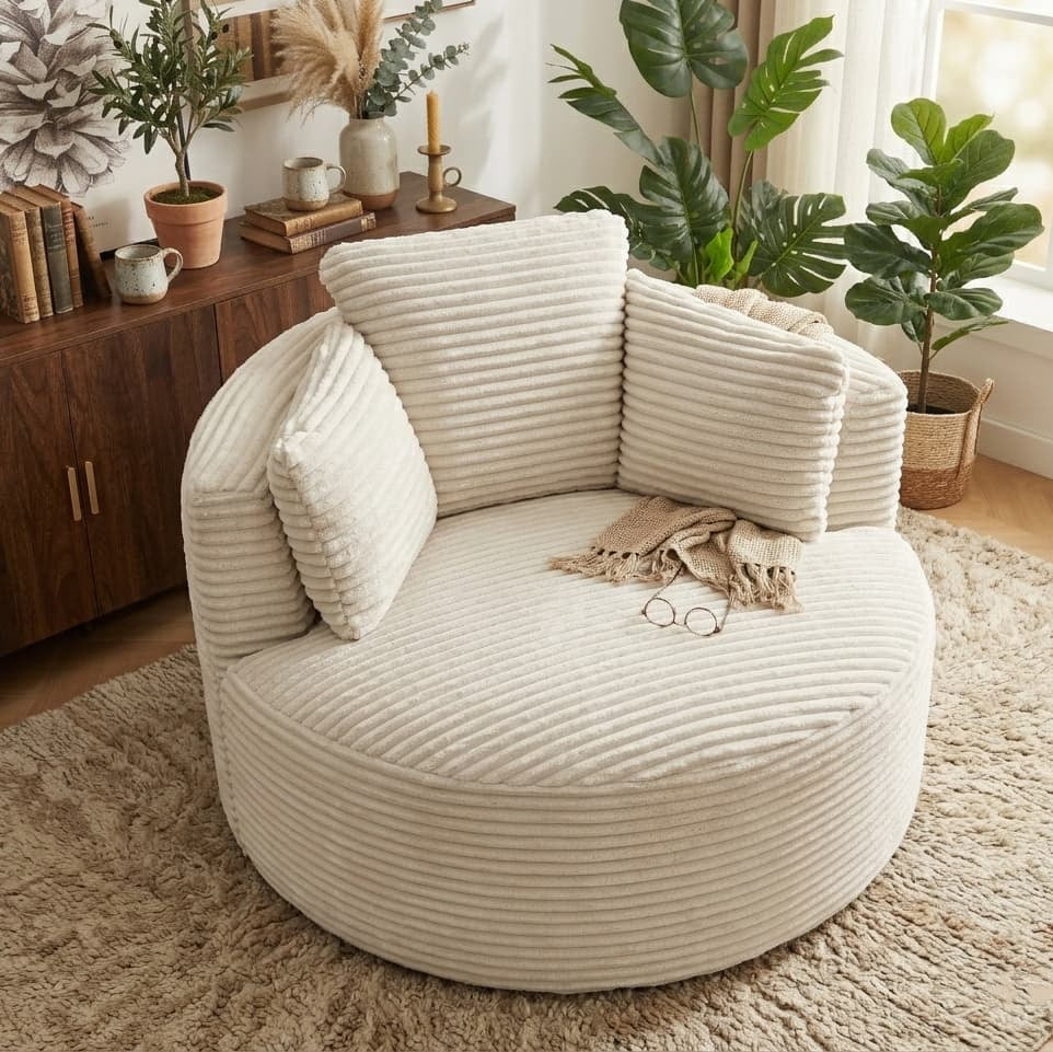 Aukfa Modern Corduroy Round Accent Chair, Compressible Chaise Lounge for Living Room & Bedroom, No Assembly,Beige
