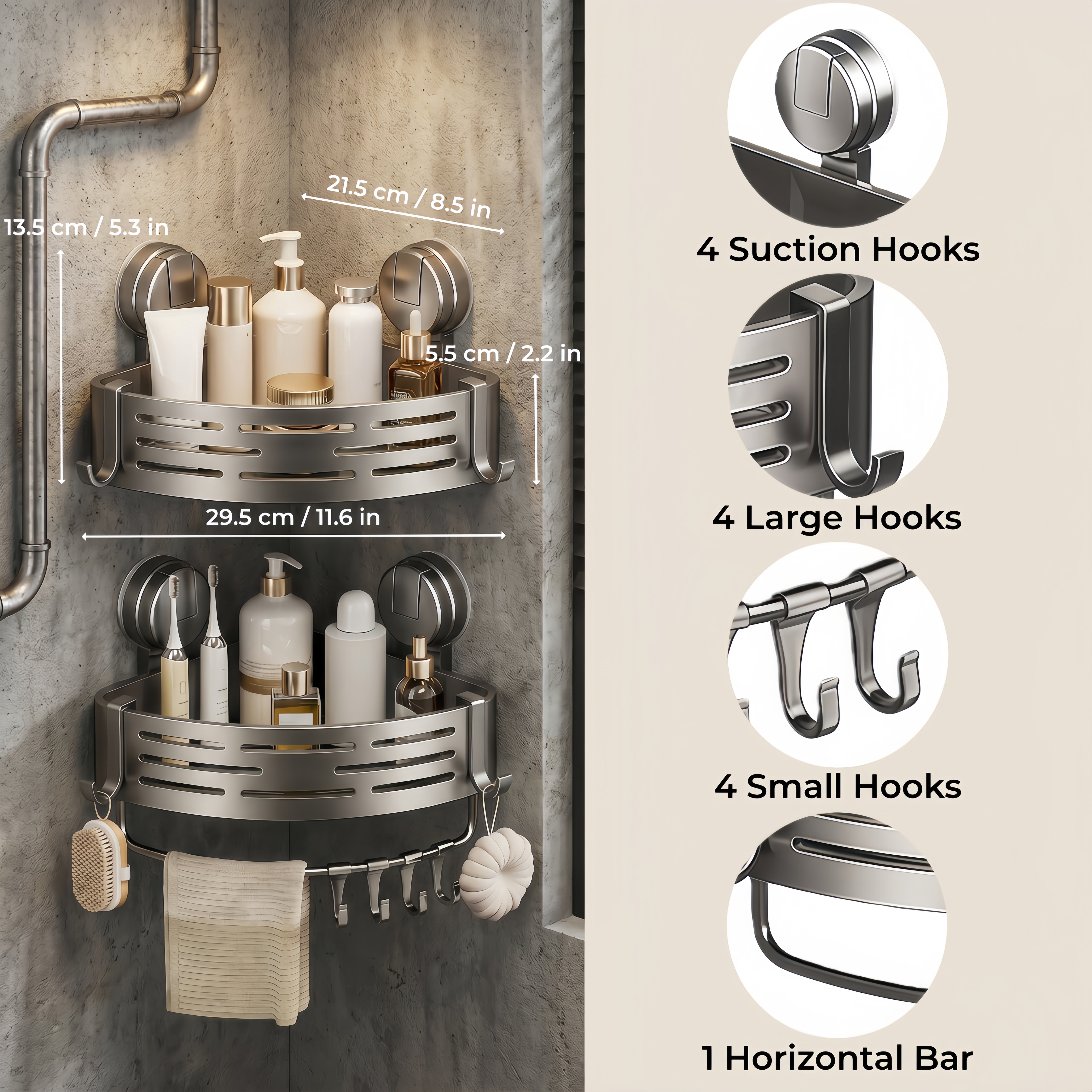 2 Pack Suction Corner Shower Caddy, No Drill Bathroom Organizer, Wall Mount Shower Shelves with Hooks, Removable Shower Caddies for Bathroom & Kitchen Storage