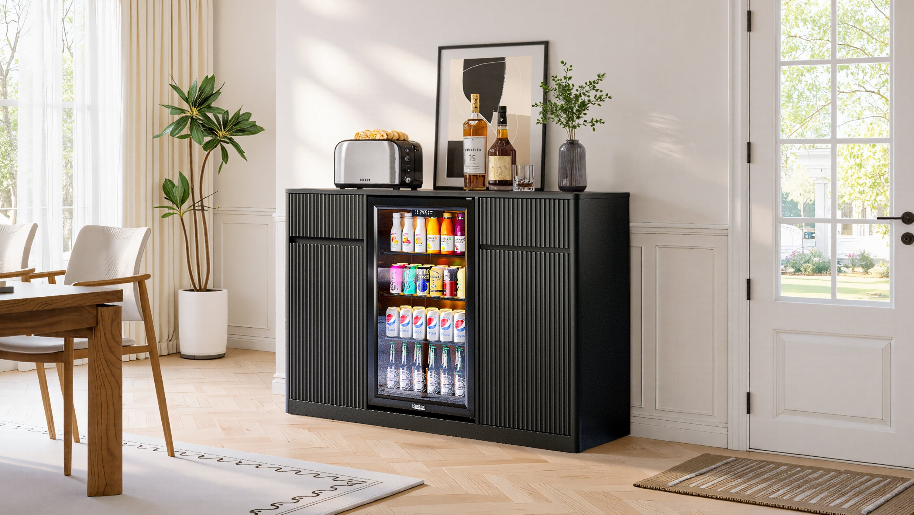 53.2 in Fluted Buffet Wine Cabinet with Mini Fridge Nook, Charging Station, Adjustable Shelves, Black