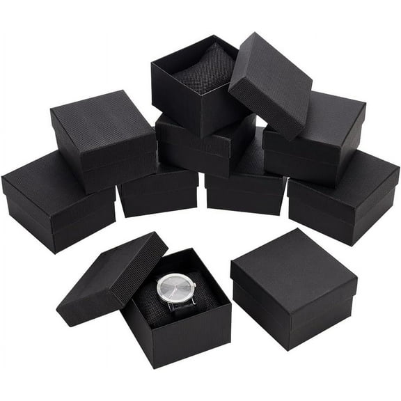 10 Pcs Black Single Watch Box 3.4x3x2 Cardboard Gift Packaging Box Watches Holder With Pillow Bracelet Holder Square Storage Gift Packaging Case for Wristwatches Smart Watches Black