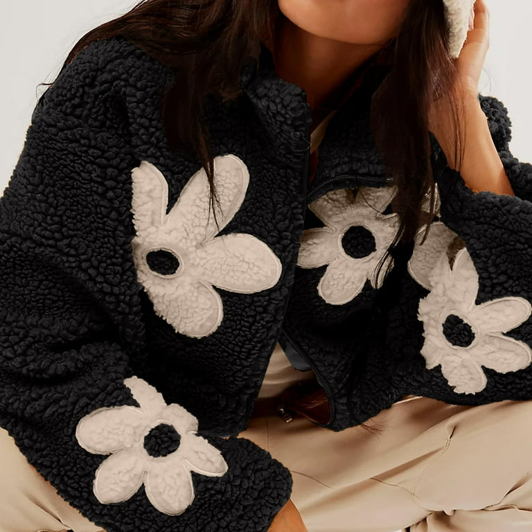 Fuzzy Fleece Winter Coats for Women Winter Trendy Daisy Flower