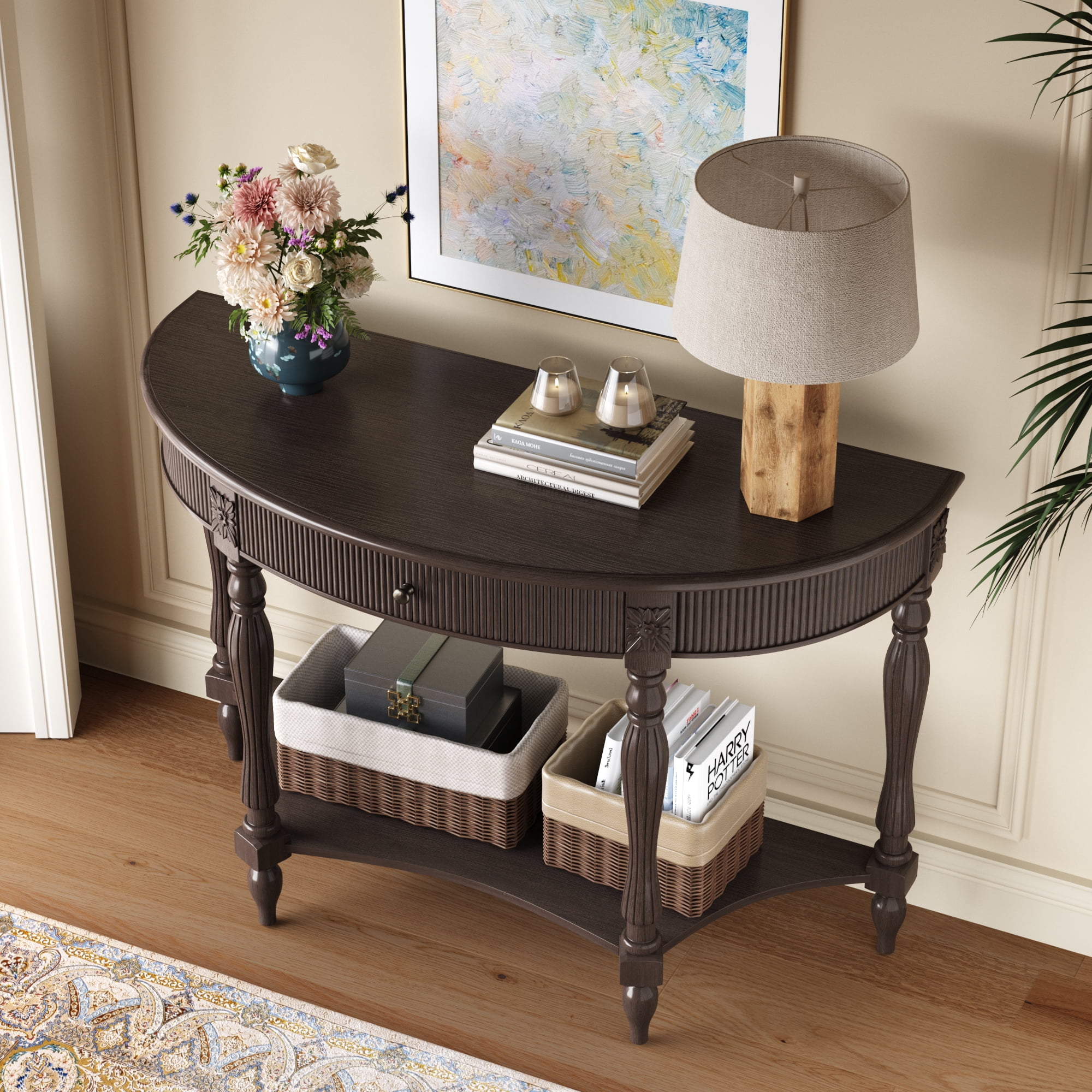 Half Moon Console Table 31.5x11.8x31.5 Inch Solid Wood Fluted Drawer for Entryway Living Room