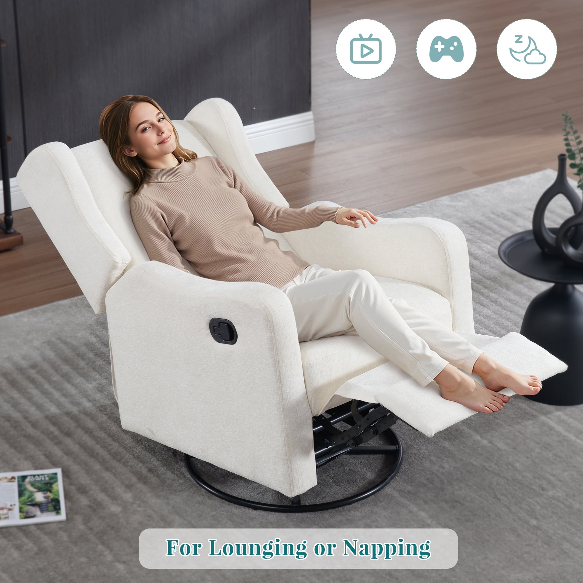 Muumblus Wingback Swivel Recliner, Glider Rocking Chair for Living Room, Nursery Rocker, Beige Chenille