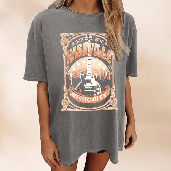 QHWAUAKFBN T Shirts For Women Loose Fit Oversized Rock Country Music Shirt Music City Vintage Guitar Graphic Tees Tshirts Top