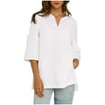 thumbnail image 2 of LADIGASU Women's Casual Solid Color V-neck Hem With Side Slit Cotton And Linen Short Sleeved Blouse, 2 of 9