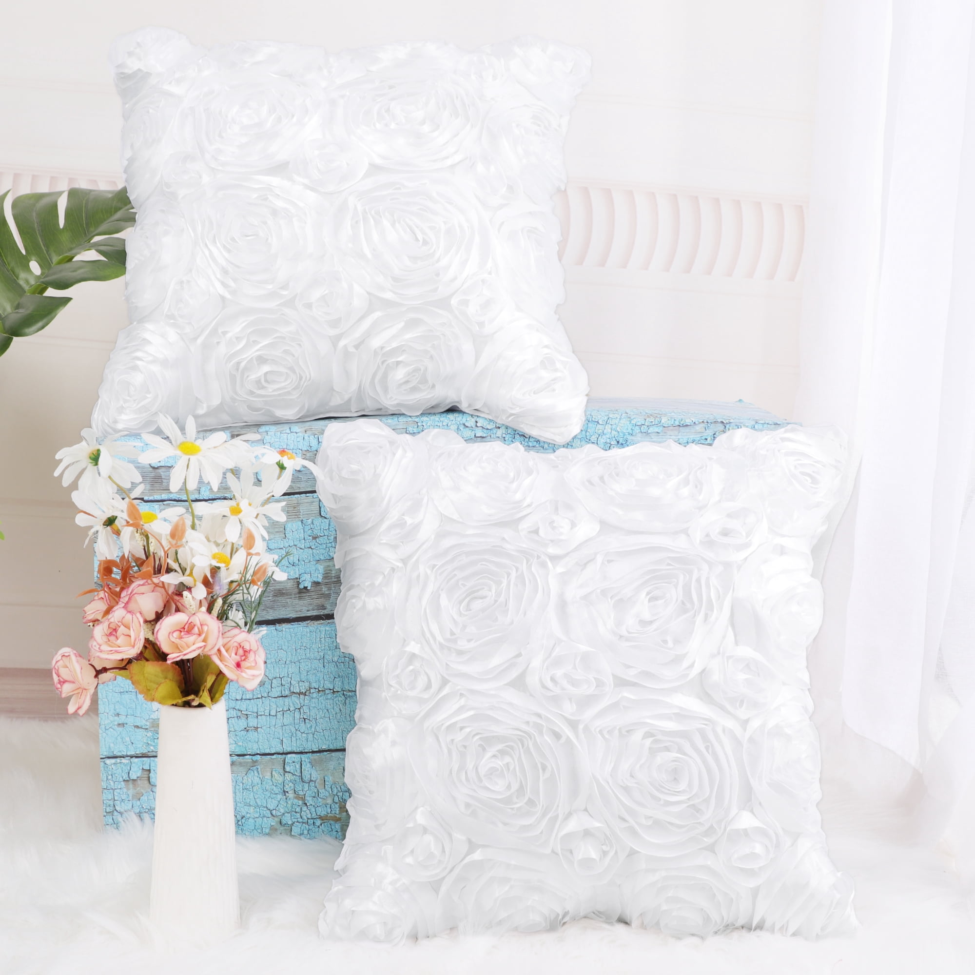 Unique Bargains 2-Pack 3D Flower Decorative Throw Pillow Covers 16" x 16" White