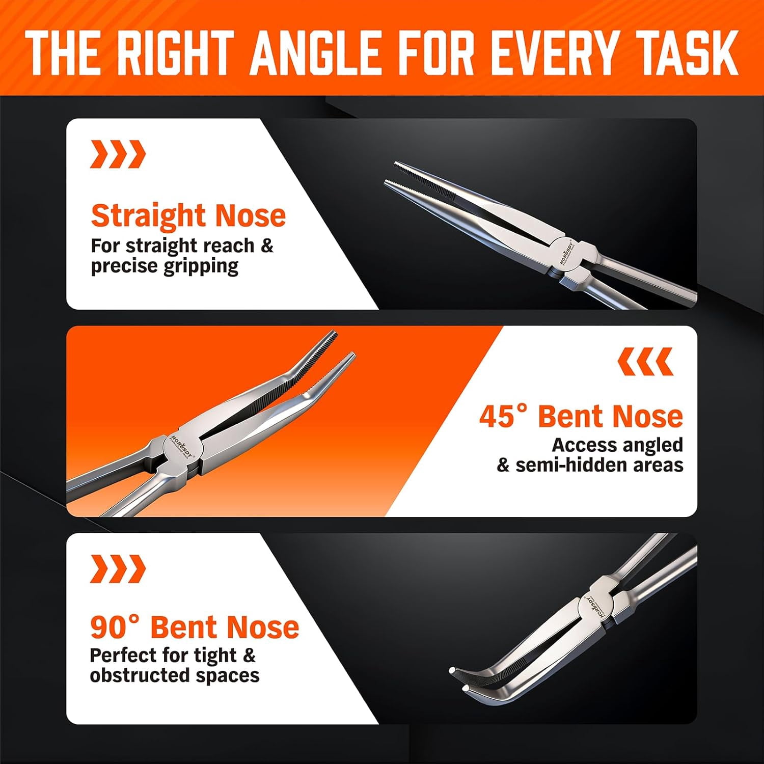 3-Piece 11 Inch Long Reach Needle Nose Pliers Set, Extra Long Straight, 45° & 90° Bent Nose Pliers with 3 Magnetic Plier Racks and Roll-Up Storage Bag for Tight Spaces