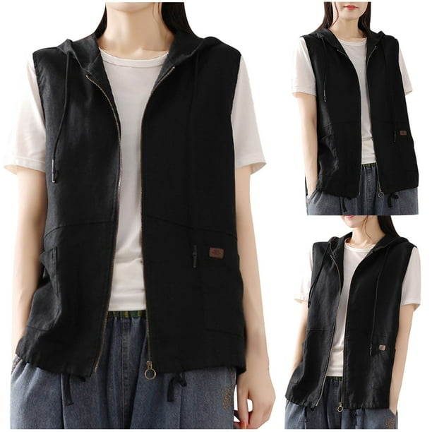 Chaquetas y abrigos casuales con capucha sin mangas Cárdigan de lino con capucha para mujer Chaleco informal sin mangas con costuras sueltas Chaqueta corta Chaleco de algodón y lino para mujer